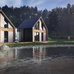 Wizualizacja dwóch nowoczesnych domów z drewnianą elewacją i dużymi oknami, połączonych przeszklonym łącznikiem, usytuowanych nad brzegiem stawu, z chłopcem grającym w piłkę w tle.