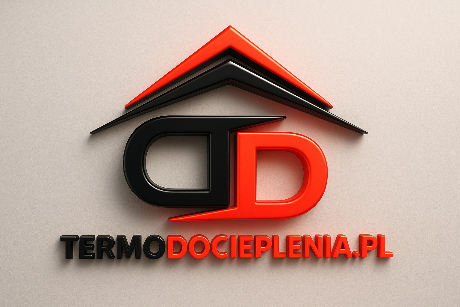 Logo firmy Termodocieplenia.pl: czarno-czerwony symbol domu nad nazwą firmy, w nowoczesnej stylistyce 3D na gładkim, jasnym tle.