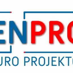 Logo firmy ENPRO Biuro Projektów z niebieskimi i czerwonymi elementami graficznymi na białym tle.