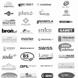 Kompilacja logo różnych firm w czerni i bieli, ukazująca różnorodność stylów i branż.