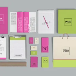 Zestaw materiałów reklamowych z Chojnic: teczka ofertowa, katalog szyty, notatnik, katalog klejony, ulotka DL, wizytówki, torba reklamowa, papier firmowy, naklejki na tubie, clipboard, ułożone...