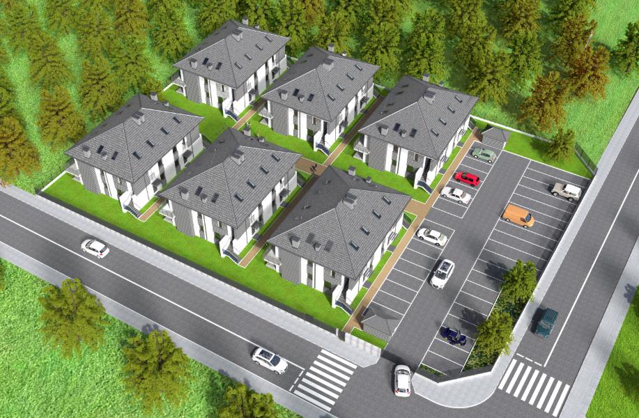 Wizualizacja osiedla domów jednorodzinnych z szarymi dachami i białymi elewacjami, widok z lotu ptaka, z parkingiem i drogą dojazdową.