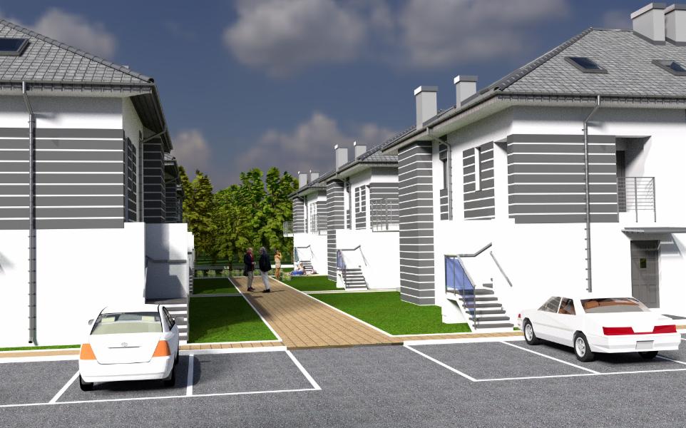Wizualizacja szeregu nowoczesnych domów z szarymi akcentami, widok z parkingu z zaparkowanymi samochodami i spacerującymi osobami.