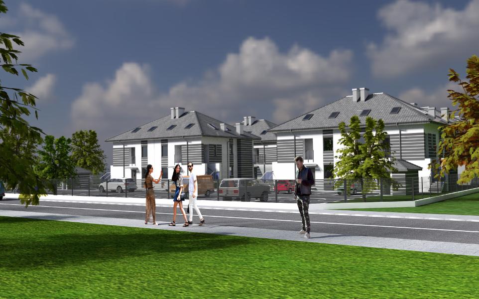 Wizualizacja osiedla domów szeregowych z szarymi dachami, białymi ścianami z poziomymi szarymi pasami, ogrodzonych czarnym metalowym płotem, z samochodami na podjazdach i spacerującymi osobami...