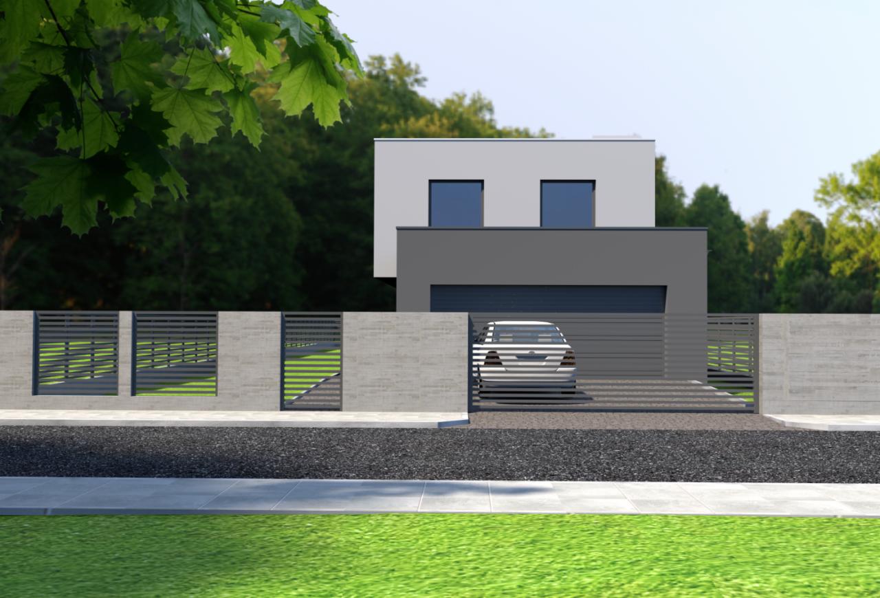 Wizualizacja nowoczesnego domu jednorodzinnego z płaskim dachem, szarą elewacją i garażem, widzianego z poziomu trawnika przez ażurowe panele ogrodzenia.