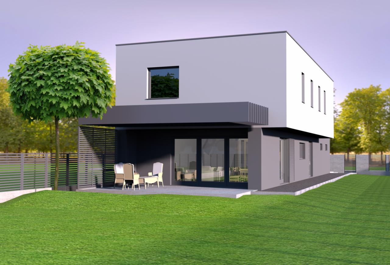 Wizualizacja nowoczesnego, dwukondygnacyjnego domu z płaskim dachem, dużymi oknami i tarasem z meblami ogrodowymi, otoczonego zielonym trawnikiem i drzewami.