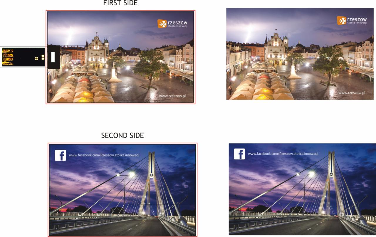 Dwustronna ulotka reklamowa miasta Rzeszów, prezentująca Rynek z Ratuszem nocą oraz most Tadeusza Mazowieckiego o zmierzchu, z logotypem miasta i odnośnikiem do profilu na Facebooku.