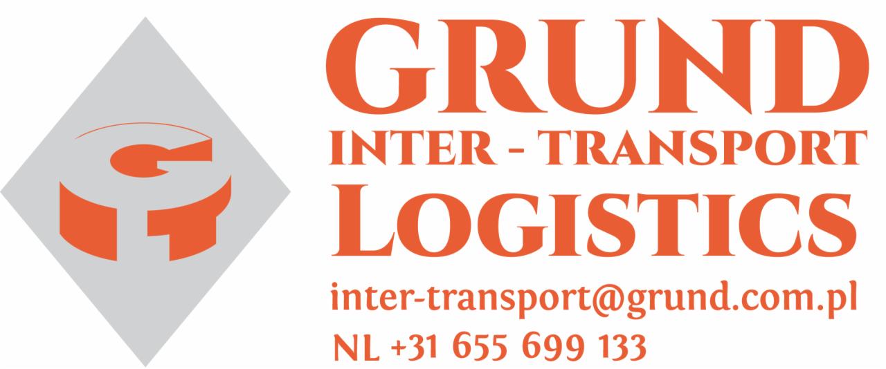 Pomarańczowe logo firmy transportowej Grund Inter-Transport Logistics na białym tle, zawierające adres e-mail i numer telefonu.