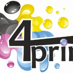 Grafika wektorowa z logo firmy drukarskiej: czarna cyfra '4' i słowo 'print' na tle kolorowych plam w odcieniach CMYK i kropli z połyskiem.