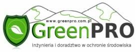 Logo firmy GreenPRO z zielonym liściem w tarczy, stylizowanymi górami w tle i tekstem 'Inżynieria i doradztwo w ochronie środowiska'.