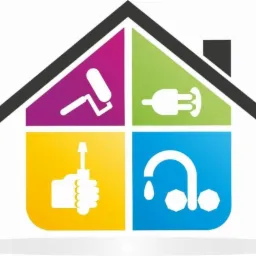 Graficzna ikona domu podzielona na cztery kolorowe kwadraty, przedstawiające pędzel malarski, wtyczkę elektryczną, śrubokręt i kran z kroplą wody.