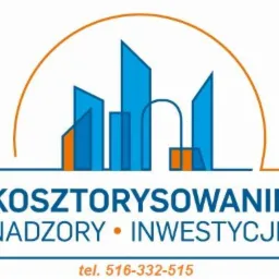Logo firmy budowlanej: abstrakcyjne budynki w odcieniach niebieskiego i pomarańczowego, napis 'KOSZTORYSOWANIE NADZORY INWESTYCJE' i numer telefonu.