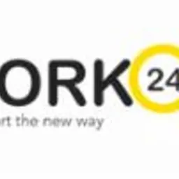 Logo firmy GetWORK24.com z hasłem 'The best place to start the new way', gdzie cyfry '24' w nazwie są przedstawione jako żółta lupa.