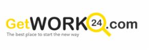 Logo firmy GetWORK24.com z hasłem 'The best place to start the new way', gdzie cyfry '24' w nazwie są przedstawione jako żółta lupa.