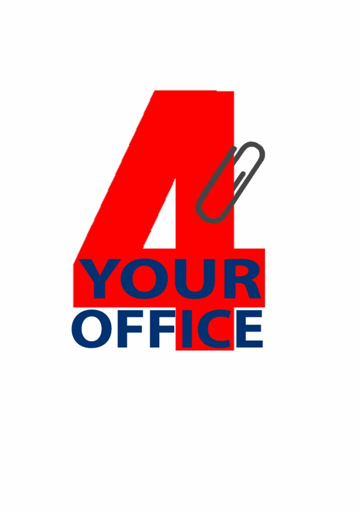 Logo firmy biurowej: czerwona cyfra '4' z szarym spinaczem, pod nią napis 'YOUR OFFICE' w kolorze granatowym na białym tle.
