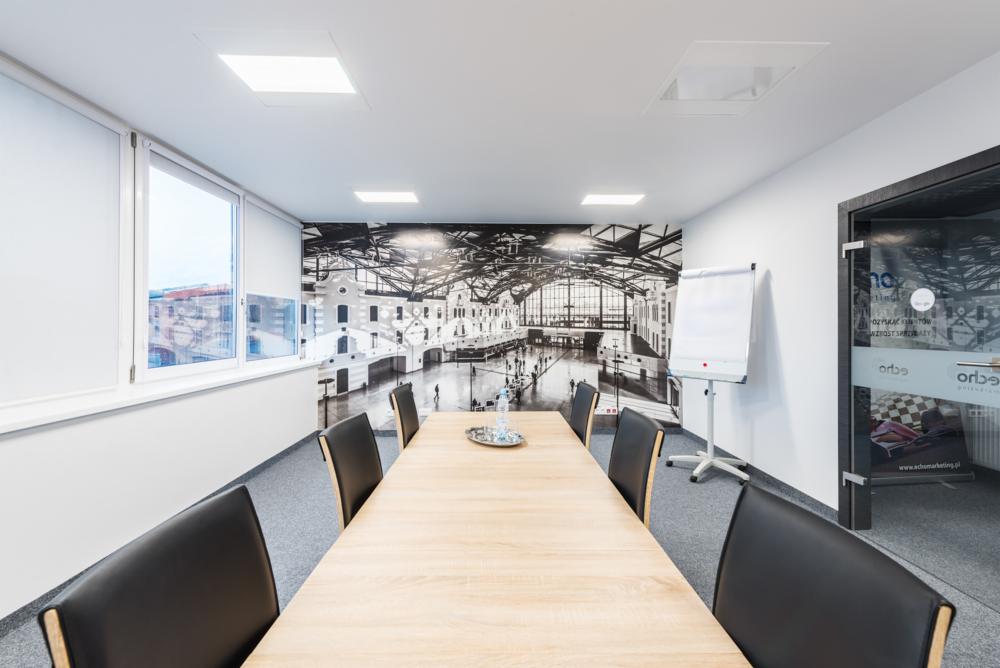 Sala konferencyjna z długim stołem, krzesłami i muralem przedstawiającym wnętrze hali dworcowej, widoczna tablica suchościeralna.