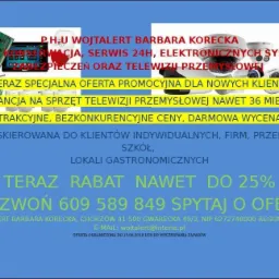 Reklama firmy Wojtalert Barbara Korecka oferującej montaż, konserwację i serwis 24h elektronicznych systemów zabezpieczeń oraz telewizji przemysłowej, z informacją o specjalnej ofercie promocyjnej,...