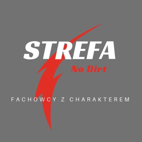 Logo firmy 'Strefa No Dirt Fachowcy z charakterem' na szarym tle z czerwonym symbolem błyskawicy.