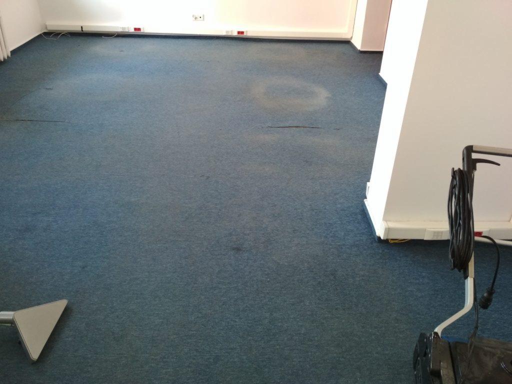 Fragment niebieskiej wykładziny dywanowej z widocznym okrągłym śladem po czyszczeniu oraz fragment maszyny do czyszczenia dywanów z kablem zwiniętym na uchwycie.