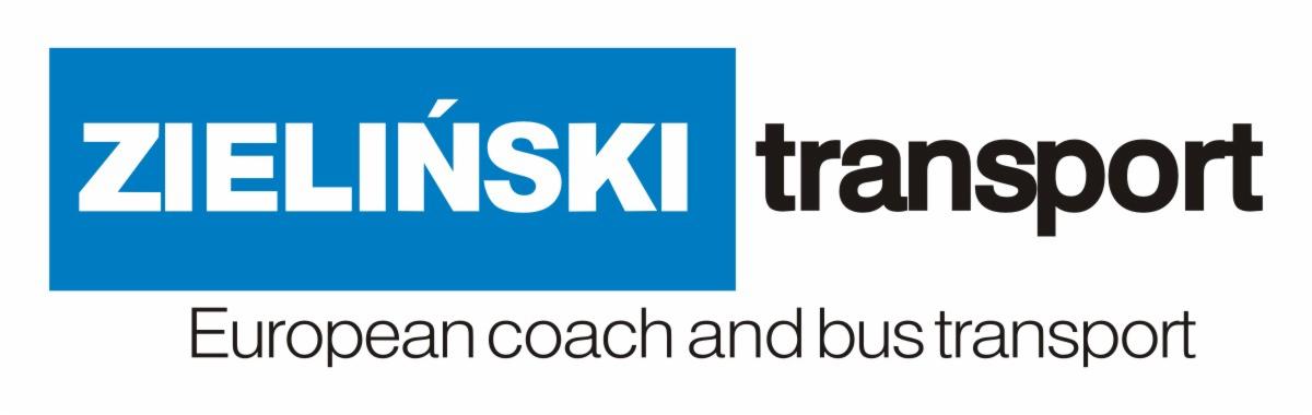 Logo firmy transportowej Zieliński Transport specjalizującej się w europejskim transporcie autokarowym i autobusowym, z nazwą firmy w kolorze białym na niebieskim tle i czarnym napisem 'transport'...