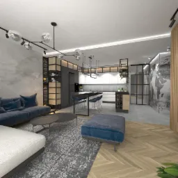 Wizualizacja nowoczesnego salonu z aneksem kuchennym, szara sofa z weluru, okrągłe stoliki kawowe, dywan w kwiaty, parkiet w jodełkę, wyspa kuchenna z hokerami, ściana z motywem mapy świata.