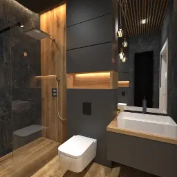 Nowoczesna łazienka z kabiną prysznicową typu walk-in, drewnianą ścianą, szarą zabudową i podwieszaną toaletą, oświetlona wiszącymi lampami na tle drewnianego sufitu.