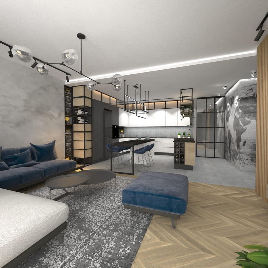 Wizualizacja nowoczesnego salonu z aneksem kuchennym, szara sofa z weluru, okrągłe stoliki kawowe, dywan w kwiaty, parkiet w jodełkę, wyspa kuchenna z hokerami, ściana z motywem mapy świata.