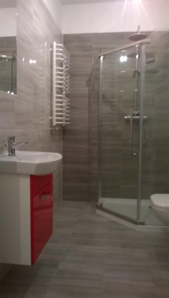 Nowoczesna łazienka z szarymi płytkami imitującymi drewno, białą umywalką z szafką w kolorze czerwonym, grzejnikiem drabinkowym i kabiną prysznicową typu walk-in.