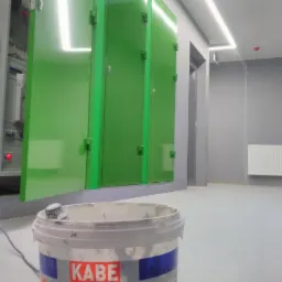 Wnętrze biurowca w trakcie odświeżania: wiadro z farbą KABE na pierwszym planie, świeżo pomalowane zielone szafki i szare ściany w tle.