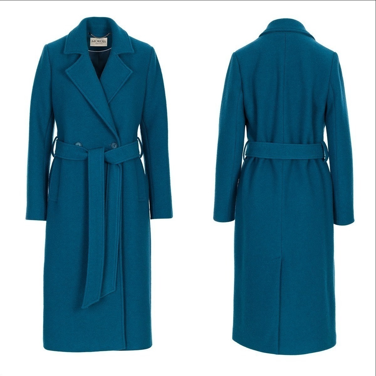 Zdjęcie przedstawia turkusowy, wełniany płaszcz damski z paskiem, widoczny z przodu i z tyłu na białym tle, prezentujący jego krój i fakturę materiału.