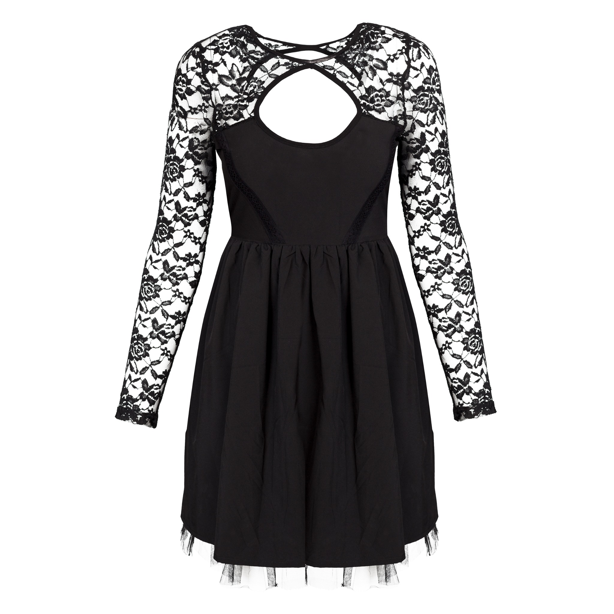 Czarna sukienka z długimi koronkowymi rękawami i wycięciem na plecach, wykończona tiulem na dole, prezentowana na białym tle.