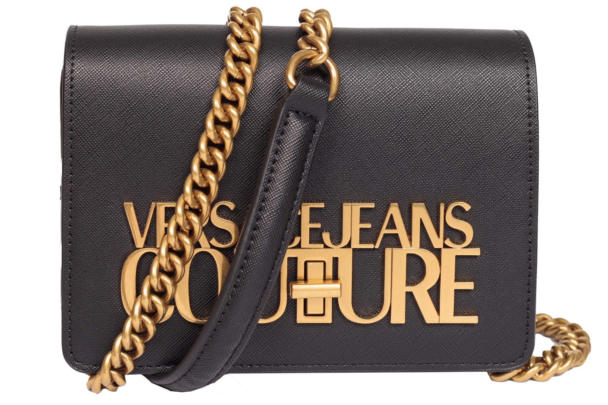 Czarna torebka Versace Jeans Couture z łańcuszkiem, złote logo na froncie, skórzana rączka.