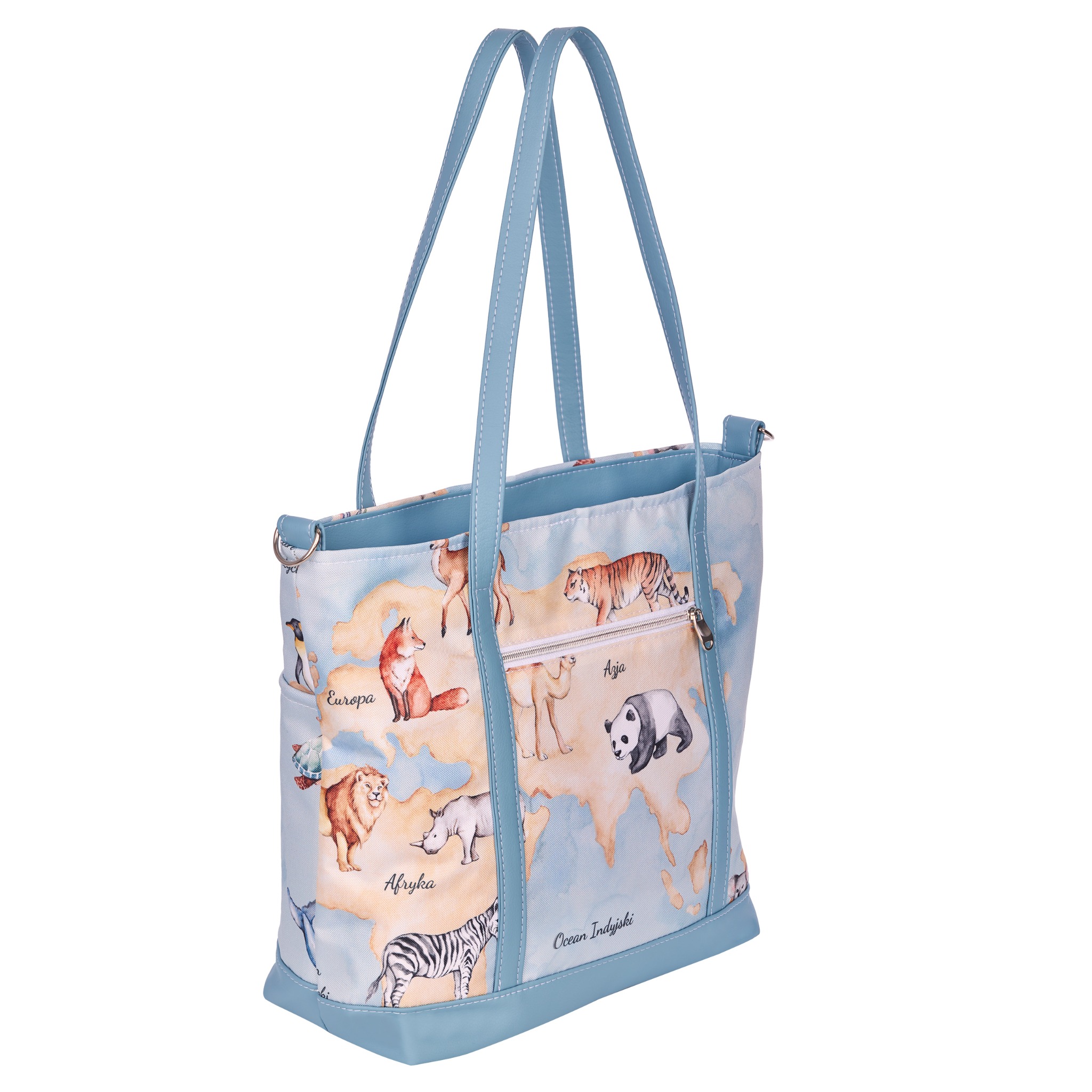 Jasnoniebieska torba na ramię z nadrukiem mapy świata i zwierząt, zamykana na zamek błyskawiczny.