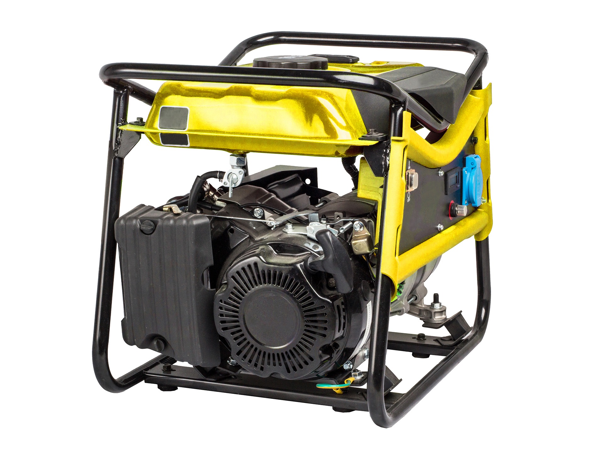 Żółto-czarny agregat prądotwórczy w metalowej ramie, widok z przodu, na białym tle.