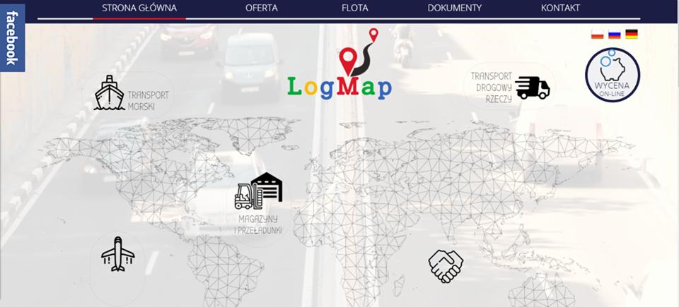 Grafika przedstawia mapę świata z naniesionymi ikonami symbolizującymi różne rodzaje transportu: morskiego, drogowego, lotniczego oraz magazyny i przeładunki. U góry widoczne logo firmy LogMap...