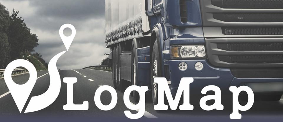 Ciężarówka na drodze z grafiką LogMap, sugerująca śledzenie trasy i lokalizację transportu.