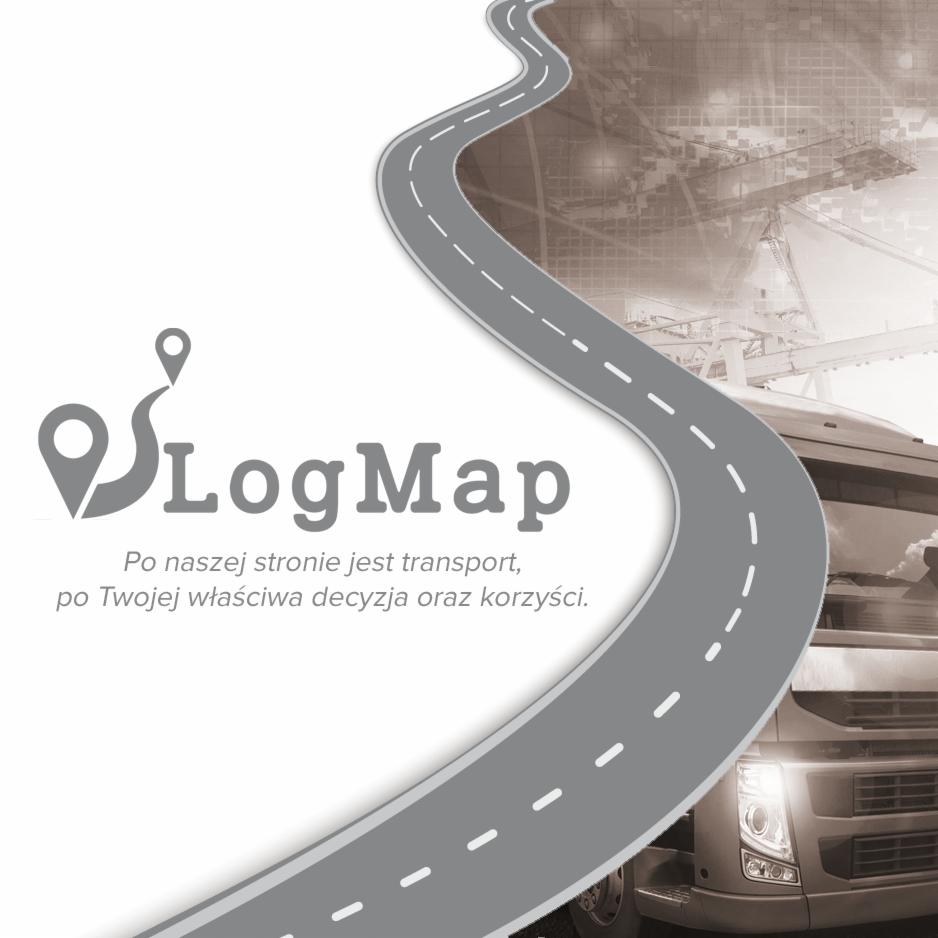 Grafika reklamowa firmy transportowej LogMap z szarą drogą wijącą się nad zdjęciem ciężarówki i dźwigów portowych w tle.