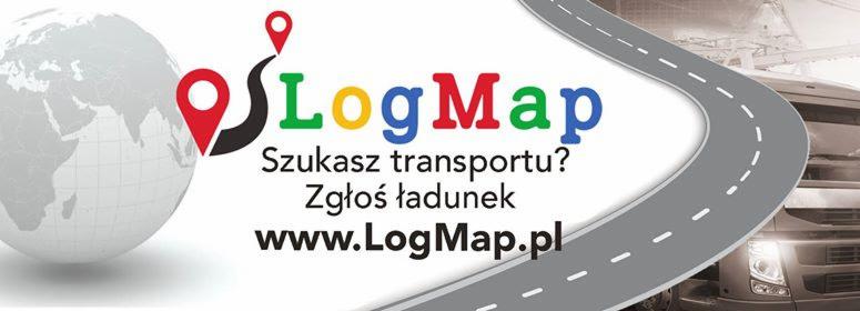 Grafika LogMap z globusem, drogą i ciężarówką w tle, promująca usługi transportowe.