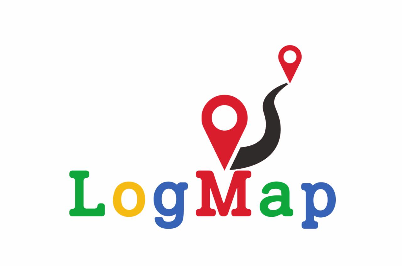 Kolorowe logo firmy LogMap z dwoma czerwonymi znacznikami lokalizacji i czarną ścieżką między nimi, na białym tle.