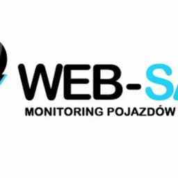 Logo firmy WEB-SAT z ikoną lokalizacji GPS nad symbolem pojazdu i napisem 'Monitoring Pojazdów'.