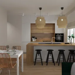 Wizualizacja wnętrza: otwarta kuchnia z drewnianym blatem i wyspą, czarne hokery, stół z wiklinowymi krzesłami, mapa świata na ścianie i lampy z abażurami z rafii.