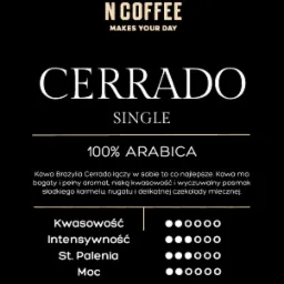 Czarno-złote opakowanie kawy Ncoffee Cerrado Single 100% Arabica, z informacją o kwasowości, intensywności, stopniu palenia i mocy, opis smaku: karmel, nugat i czekolada mleczna.