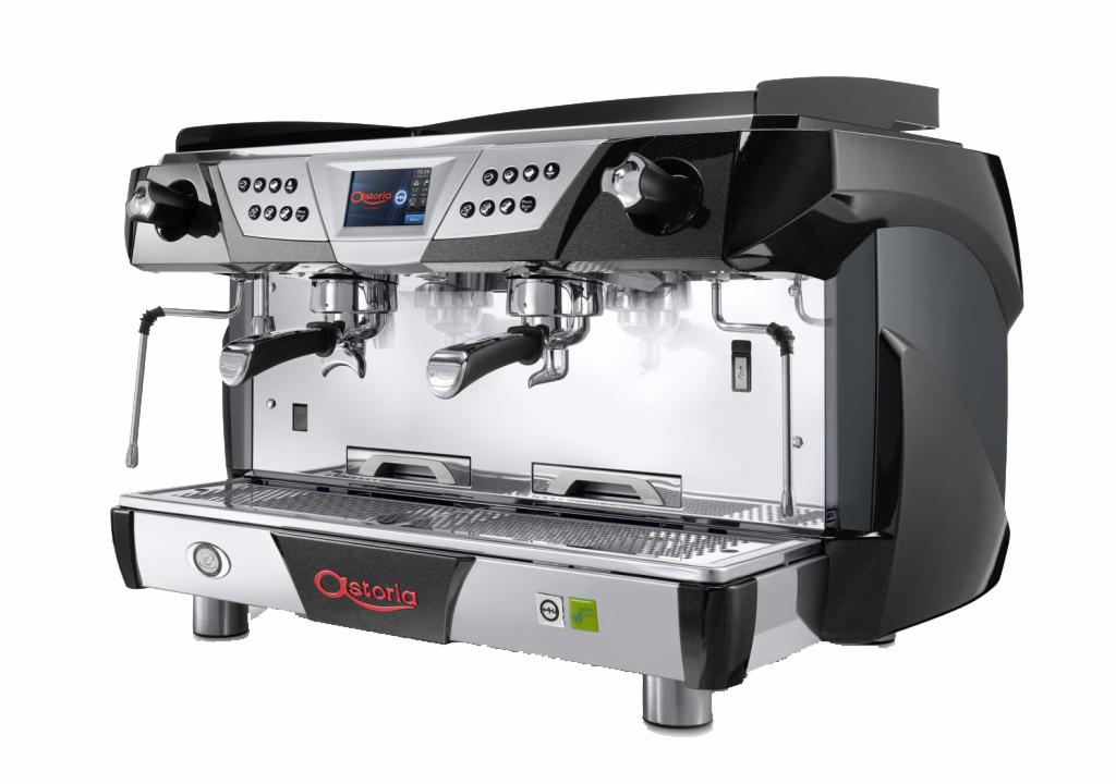 Profesjonalny ekspres do kawy Astoria, dwugrupowy, z wyświetlaczem i chromowanymi elementami, na białym tle.