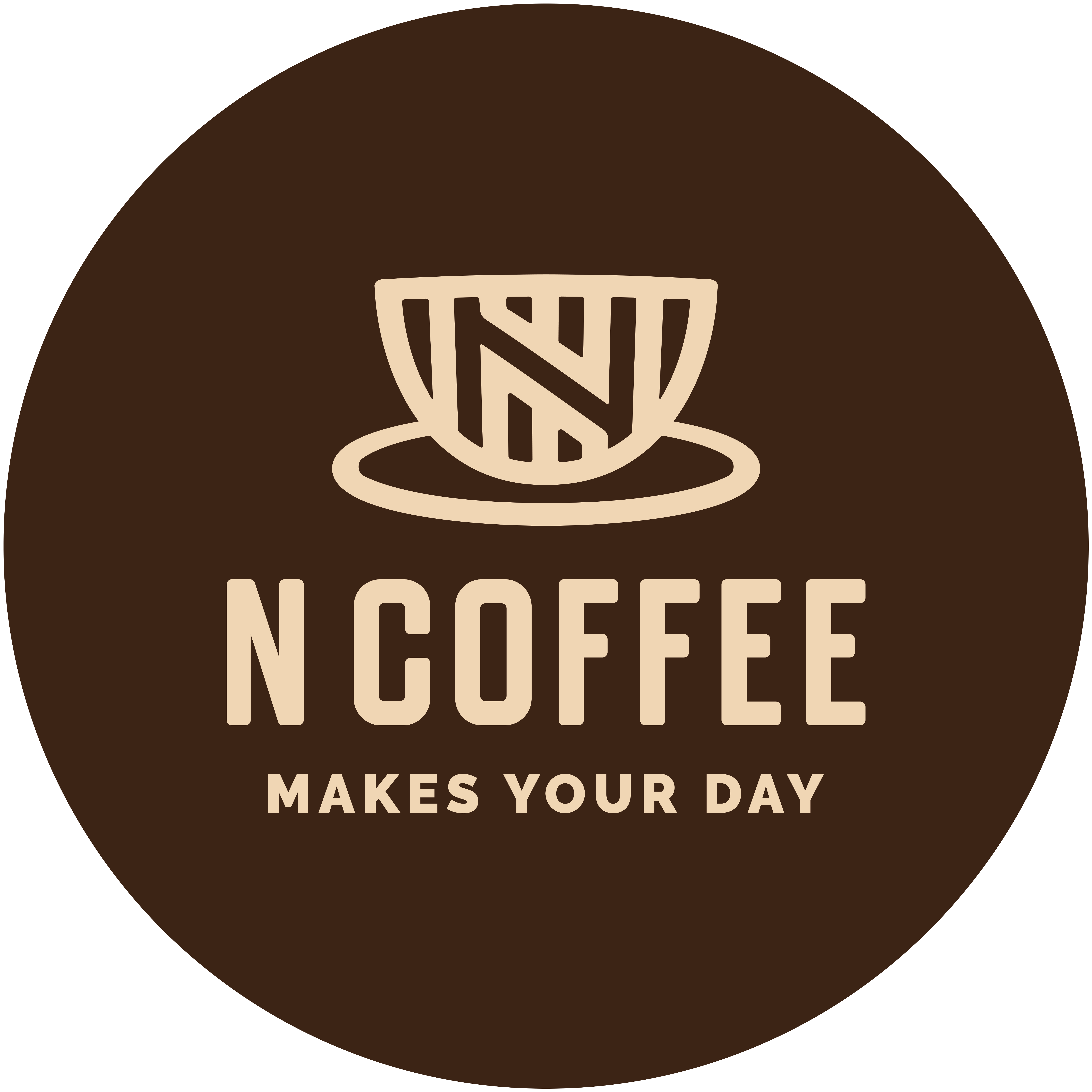 Logo firmy N Coffee, przedstawiające stylizowaną filiżankę z literą N wewnątrz, umieszczone na brązowym tle z hasłem 'MAKES YOUR DAY'.