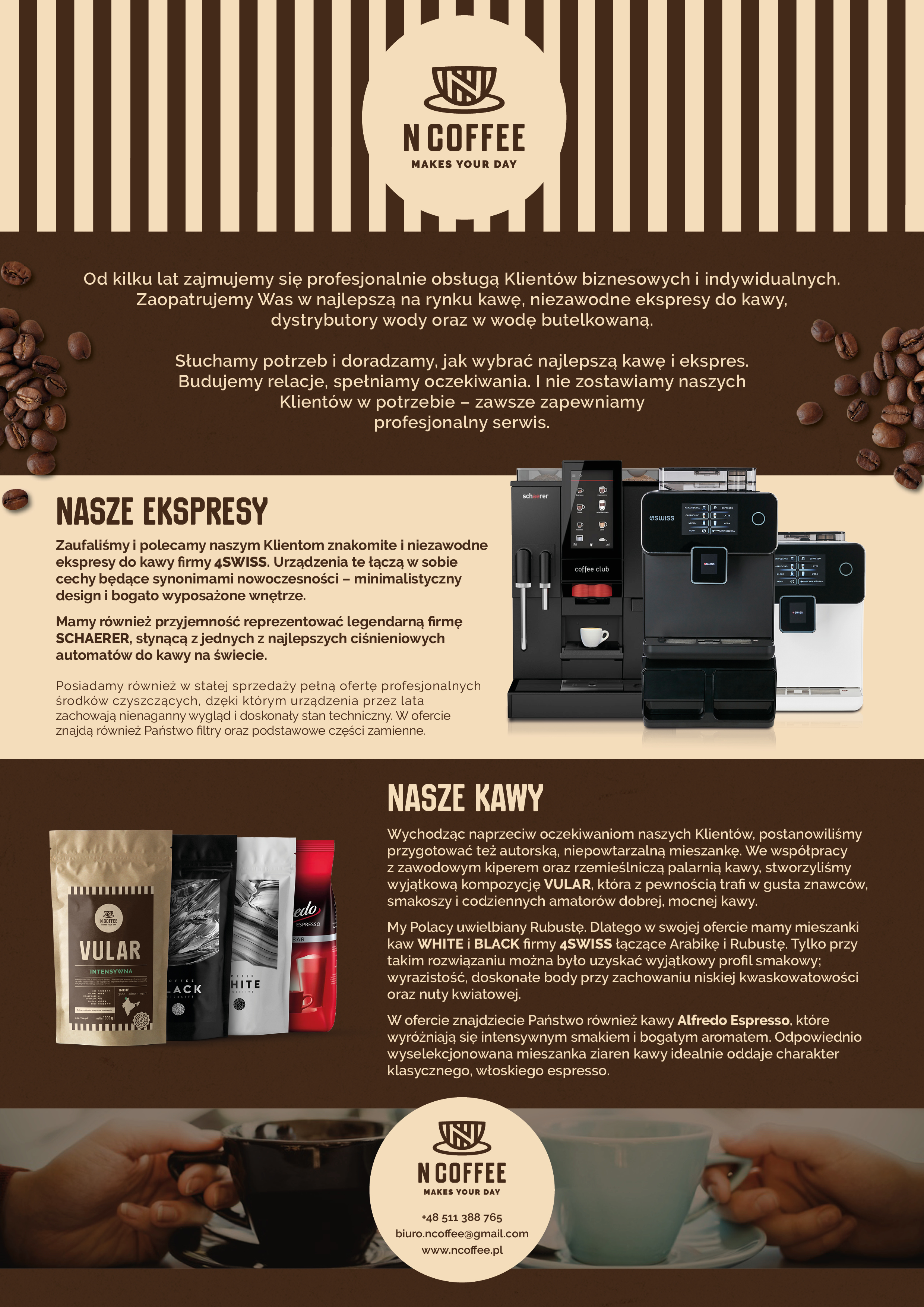 Profesjonalne ekspresy do kawy marek Schaerer i 4Swiss, w tym automatyczny ekspres z wyświetlaczem i filiżanką, oraz paczki kawy Vular, White, Black i Edo Espresso.