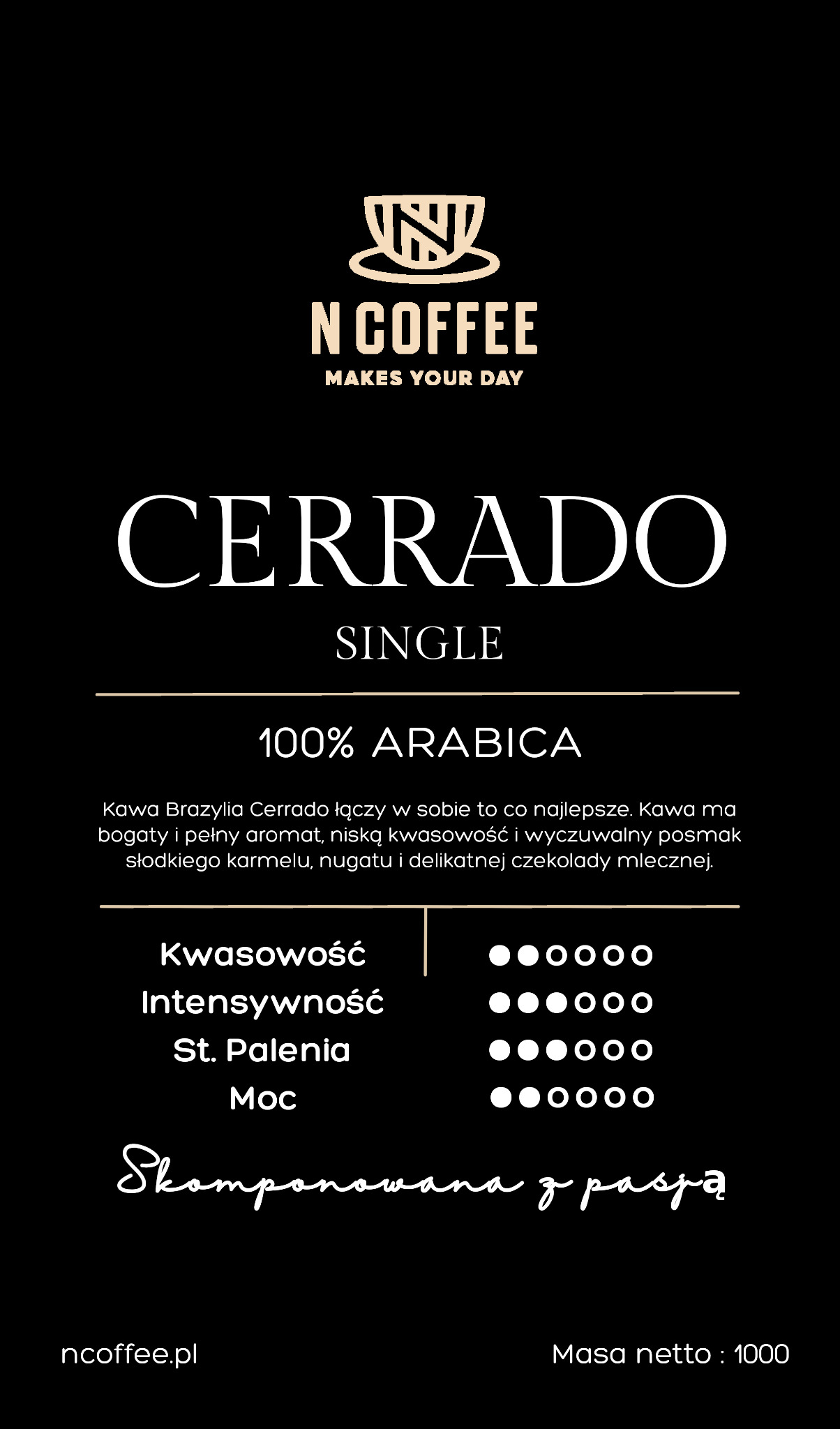 Czarno-złote opakowanie kawy Ncoffee Cerrado Single 100% Arabica, z informacją o kwasowości, intensywności, stopniu palenia i mocy, opis smaku: karmel, nugat i czekolada mleczna.
