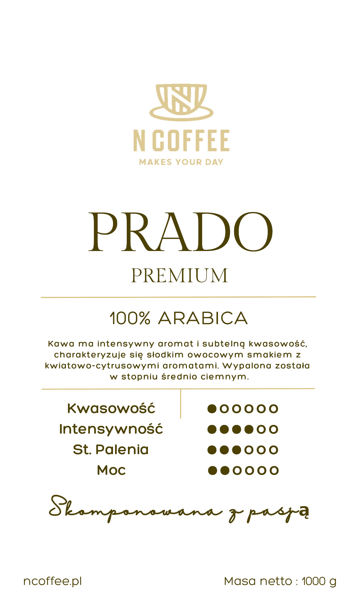 Grafika reklamowa kawy Ncoffee Prado Premium 100% Arabica, z informacjami o kwasowości, intensywności, stopniu palenia i mocy, oraz adresem strony internetowej ncoffee.pl.