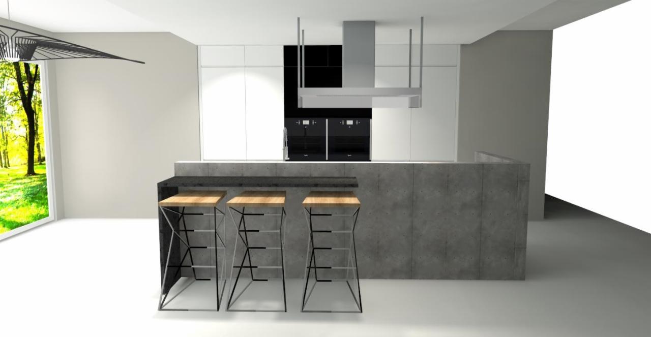 Wizualizacja nowoczesnej kuchni z wyspą wykończoną betonem architektonicznym, z trzema hokerami o metalowej konstrukcji i drewnianych siedziskach, na tle białych szafek i czarnych piekarników.