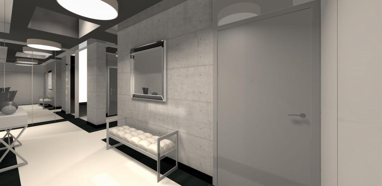 Wnętrze korytarza z betonową ścianą, lustrem w srebrnej ramie, białą ławką z pikowanym siedziskiem i białymi drzwiami na końcu korytarza.