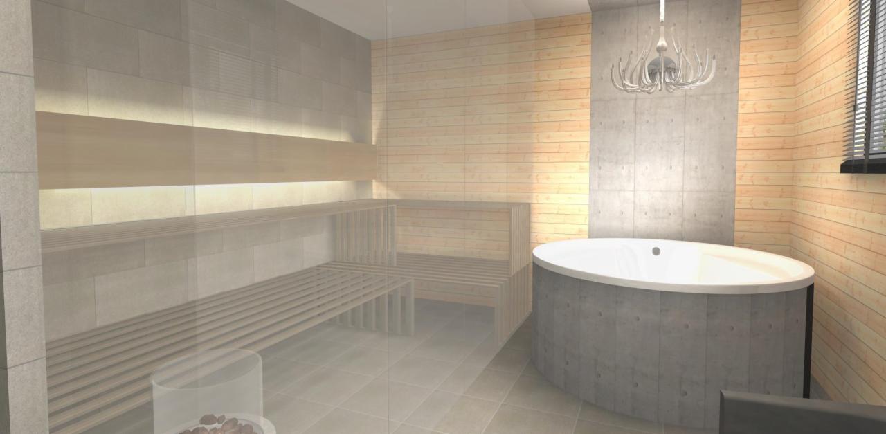 Wizualizacja nowoczesnej sauny z drewnianymi ławkami, podświetleniem LED, betonową wanną i dekoracyjnym żyrandolem, ukazująca projekt wnętrza.